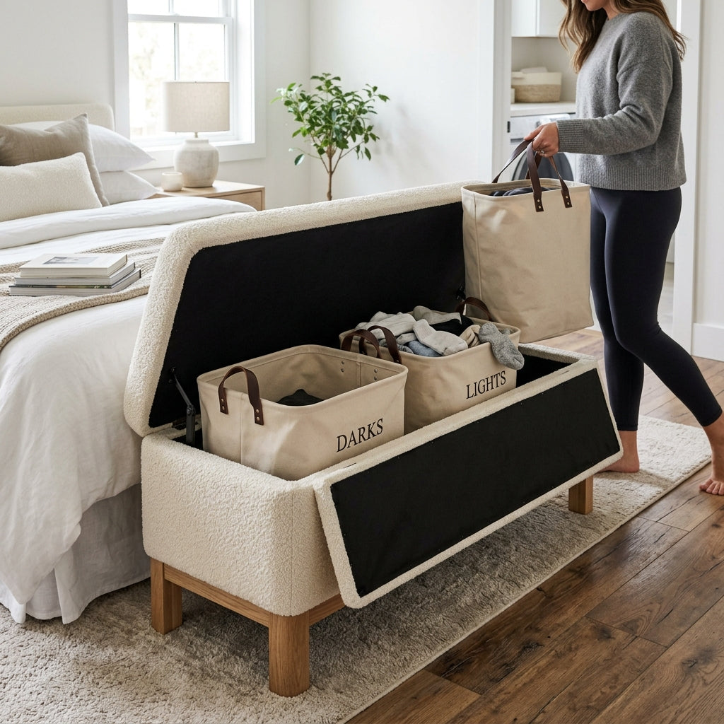 The Kettlelark™ Bouclé Bed-End Bench Laundry Sorter